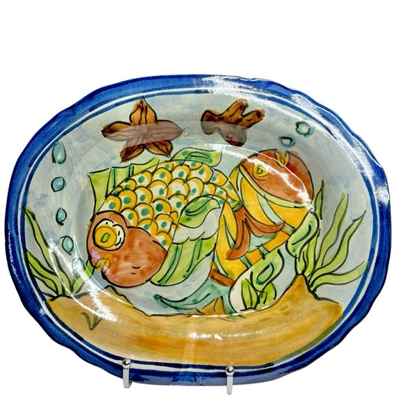 Vintage Signed 70’s Mexican Pottery Platter,  Red Clay, Hand Painted, Fish Beach - Picture 1 of 12